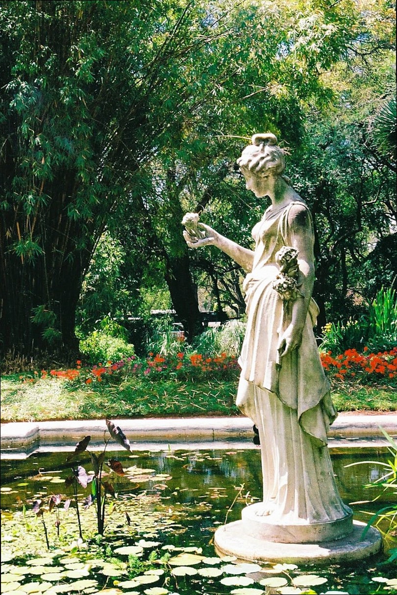 Estatua clásica de piedra junto a un tranquilo estanque de lirios en un exuberante jardín.